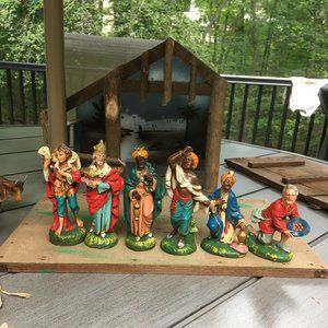 Vintage Large Nativity Scene - Chalkware Stable Paper Mache